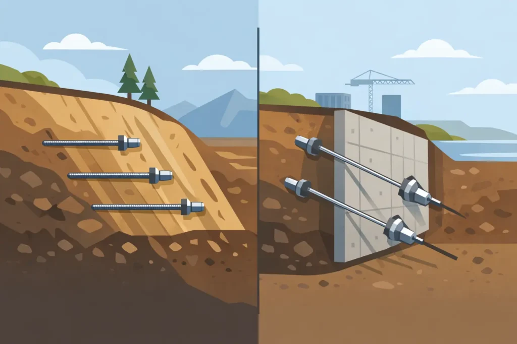 Soil Nails Versus Ground Anchors Compared